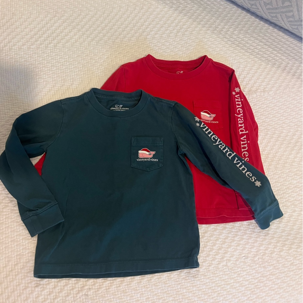 Two Vineyard Vines Kids Christmas Long Sleeve Tees 4T. Red and Green.